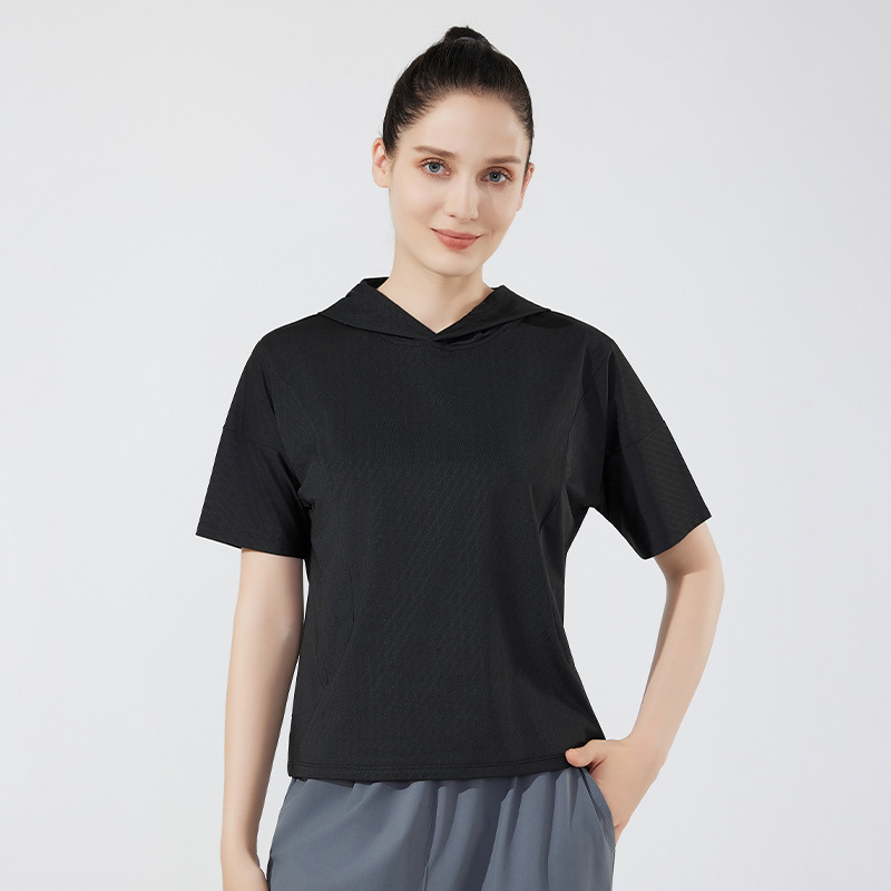 Verano nuevo estilo para hombres y mujeres con el mismo estilo de secado rápido casual de manga corta suelta blusa transfronteriza para correr al aire libre de manga corta con capucha de manga corta
