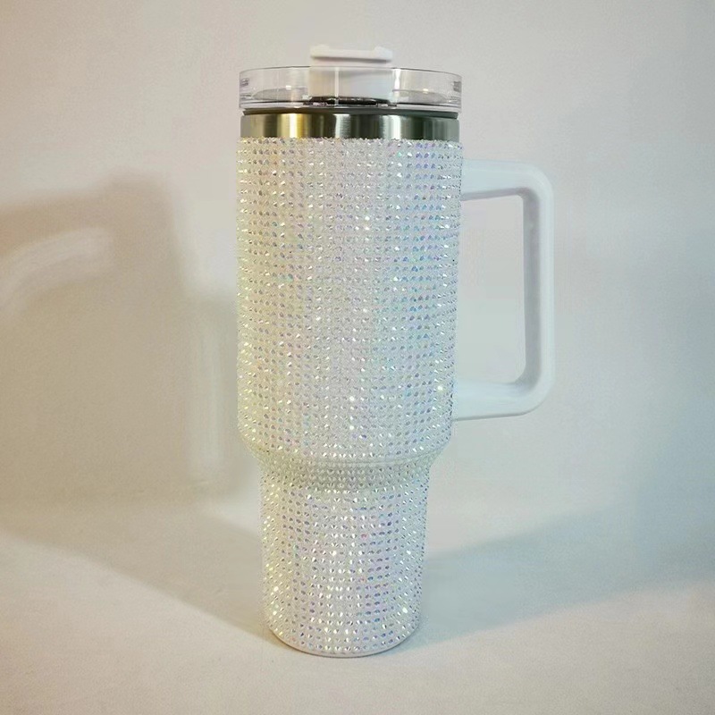 Taza de mango de 40oz con incrustaciones de diamantes en punto, de gran capacidad, acero inoxidable 304, diamante hecho a mano, taza de coche de piedra del Rin