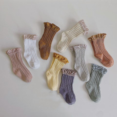 春秋新款西班牙風高端格子花邊雙針坑條兒童襪男女童短襪寶寶襪子