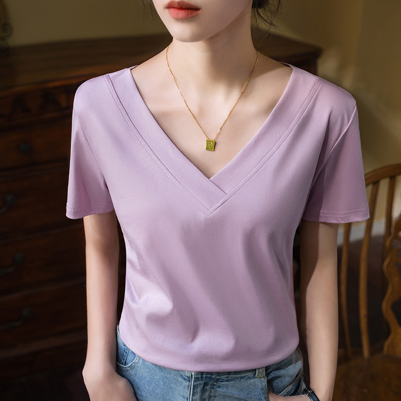 Camiseta de manga corta de algodón mercerizado con tacto helado para mujer, nueva colección de ropa femenina para el verano de 2025, camiseta de algodón puro con cuello en V de borde ancho, top elegante que realza la figura. image 7