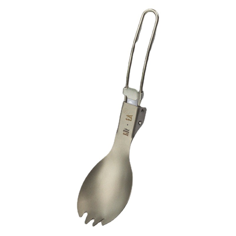 Tenedor y cuchara de titanio puro para exteriores Kangtai, de doble uso, plegables, portátiles, para camping.