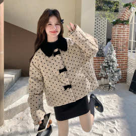 米色娃娃领波点羽绒服女小个子2025冬季新款加厚保暖白鸭绒外套
