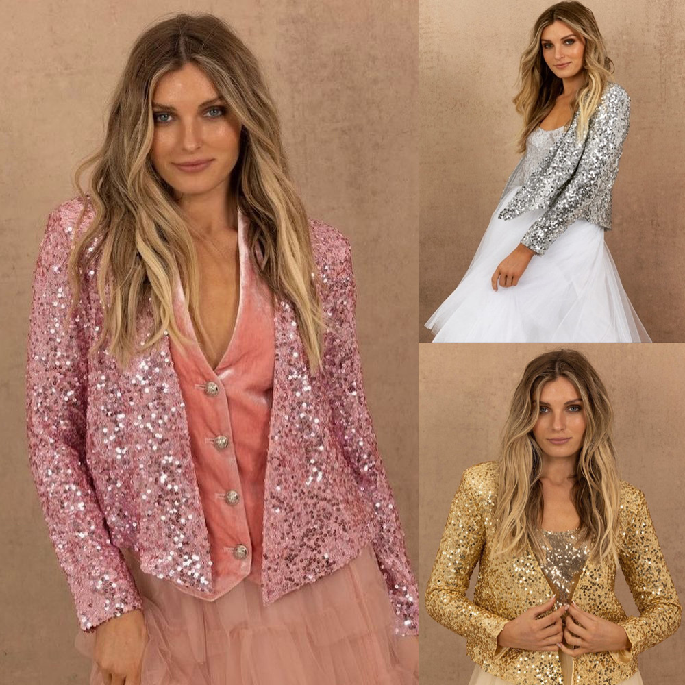 Chaqueta corta versátil informal para mujer, estilo europeo y americano, con cuello alto, bloques de color y lentejuelas, nueva colección transfronteriza de primavera 2025.