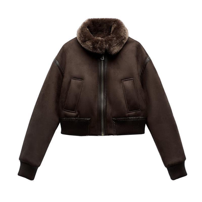 ZA winter new thick warm fur one collar loose motorcycle double-sided jacket 6318239