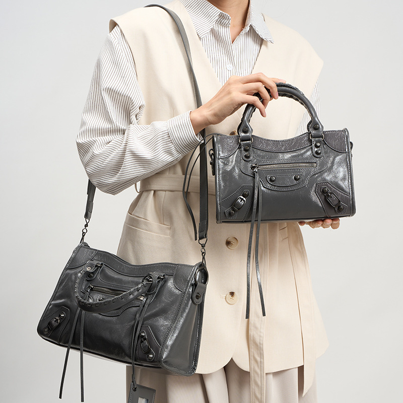 New Trendy Women's Studded Retro Motorcycle Bag - Luxury Genuine Leather Large Capacity Tote Shoulder Crossbody Handbag - Thumbnail 3