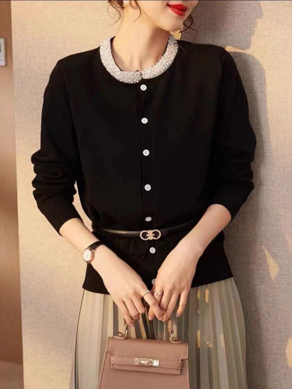 哥家商场同款女装2025秋季新款优雅气质灰色钉珠圆领长袖针织开衫|undefined