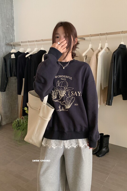 i miss设计感印花蕾丝拼接假两件圆领卫衣女2025秋季美式复古上衣|undefined