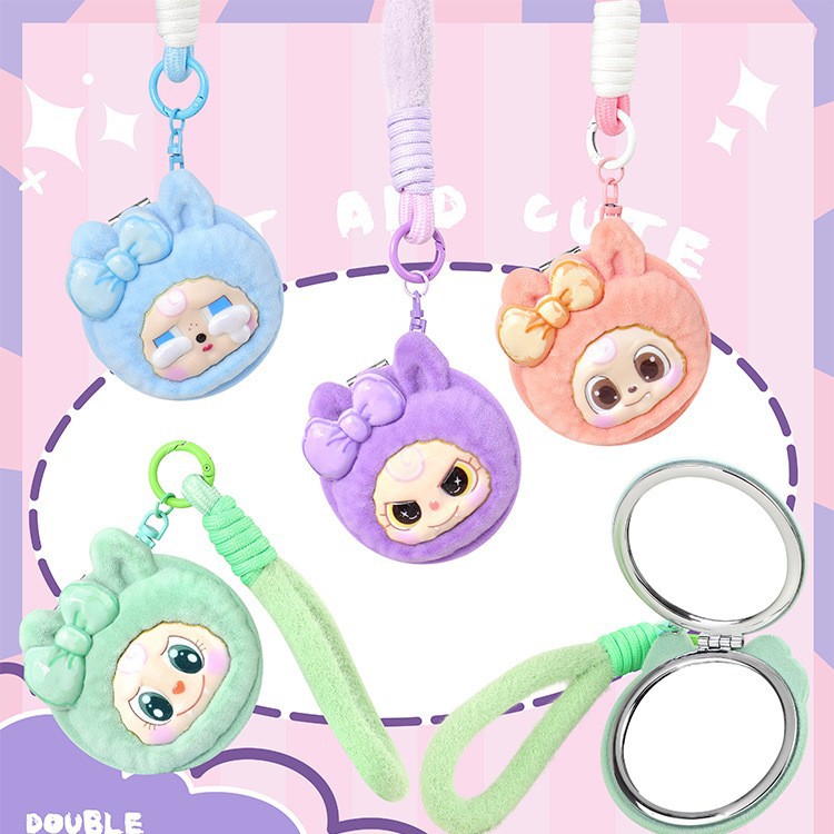 Tela suave 3D estereoscópica de silicona flocado doble espejo plegable pequeño espejo de bolso colgante llavero venta caliente spot