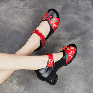 Ethnic Style Women's Shoes New Autumn Shoes Thick Heel Soft Sole Single Shoes for Mothers Outer Wear Non-Slip Cowhide Leather Shoes Wholesale