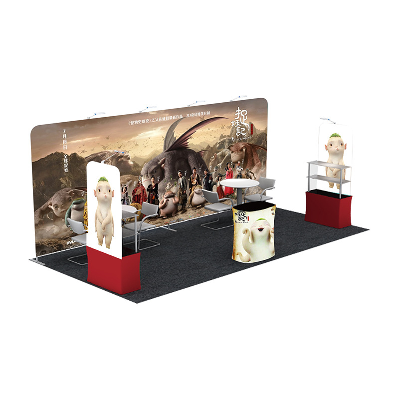 Stand estándar de 20 pies de fondo de pared en el extranjero stand de exhibición para construir un estante de diseño 3D cartel personalizado