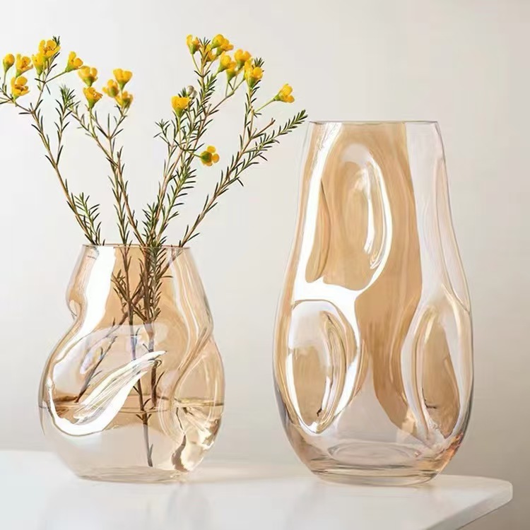 High-End Asymmetrical Internet Celebrity Vase Glass Transparent Hydroponic Flower Arrangement Rose Lily Living Room Dining Table Art Ornaments