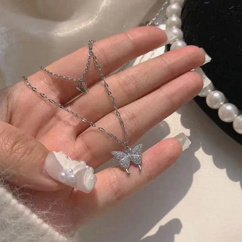 Double-layer butterfly necklace~Flash diamond  spring and summer new trendy necklace for women ins Korean versatile cold style clavicle chain