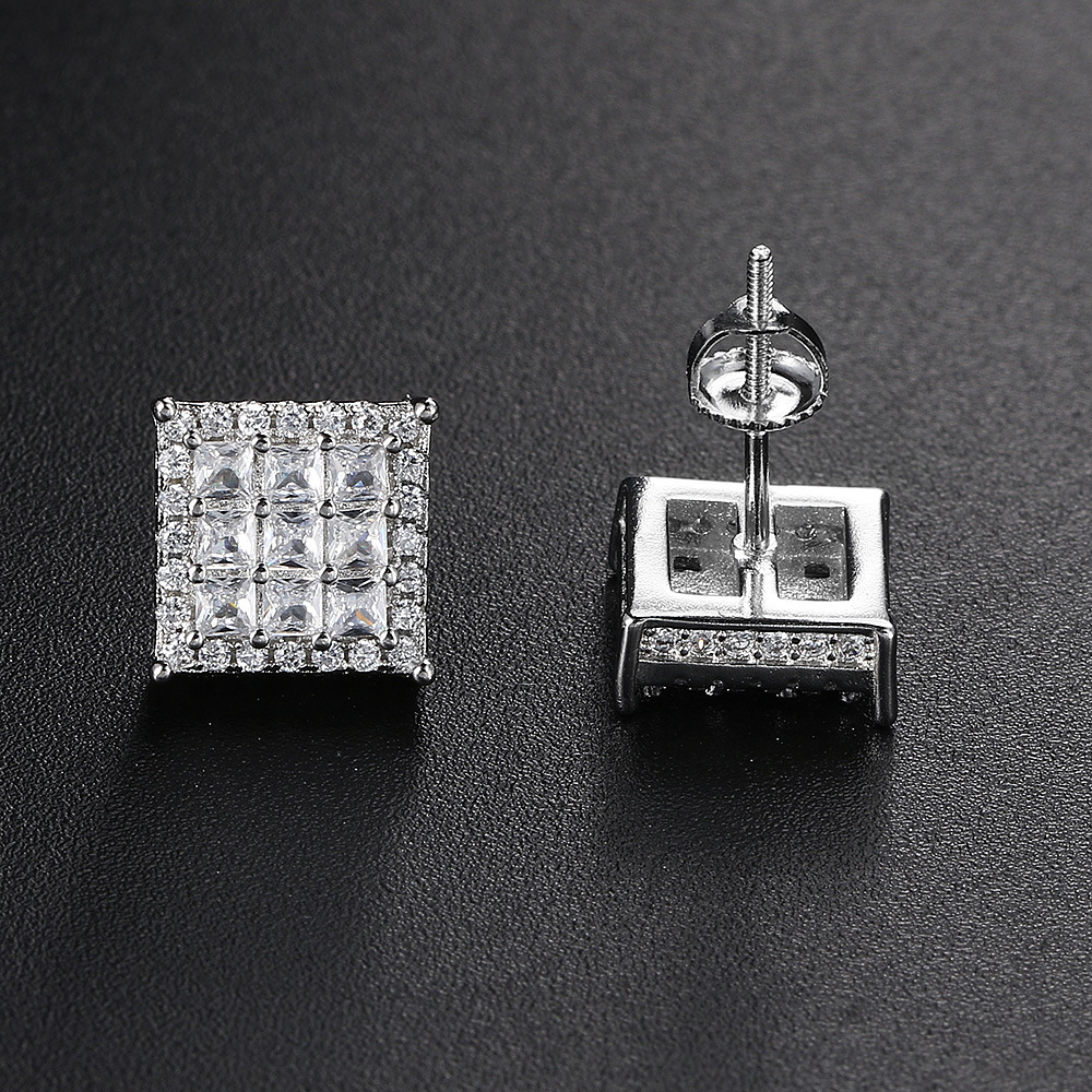 Square Full Diamond Thread Earrings For Men Trendy Studs_voghion.com