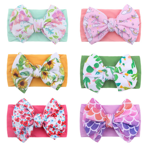 Children's printed large bow nylon hairband soft elastic hair accessories baby headband baby European and American printed headscarf
