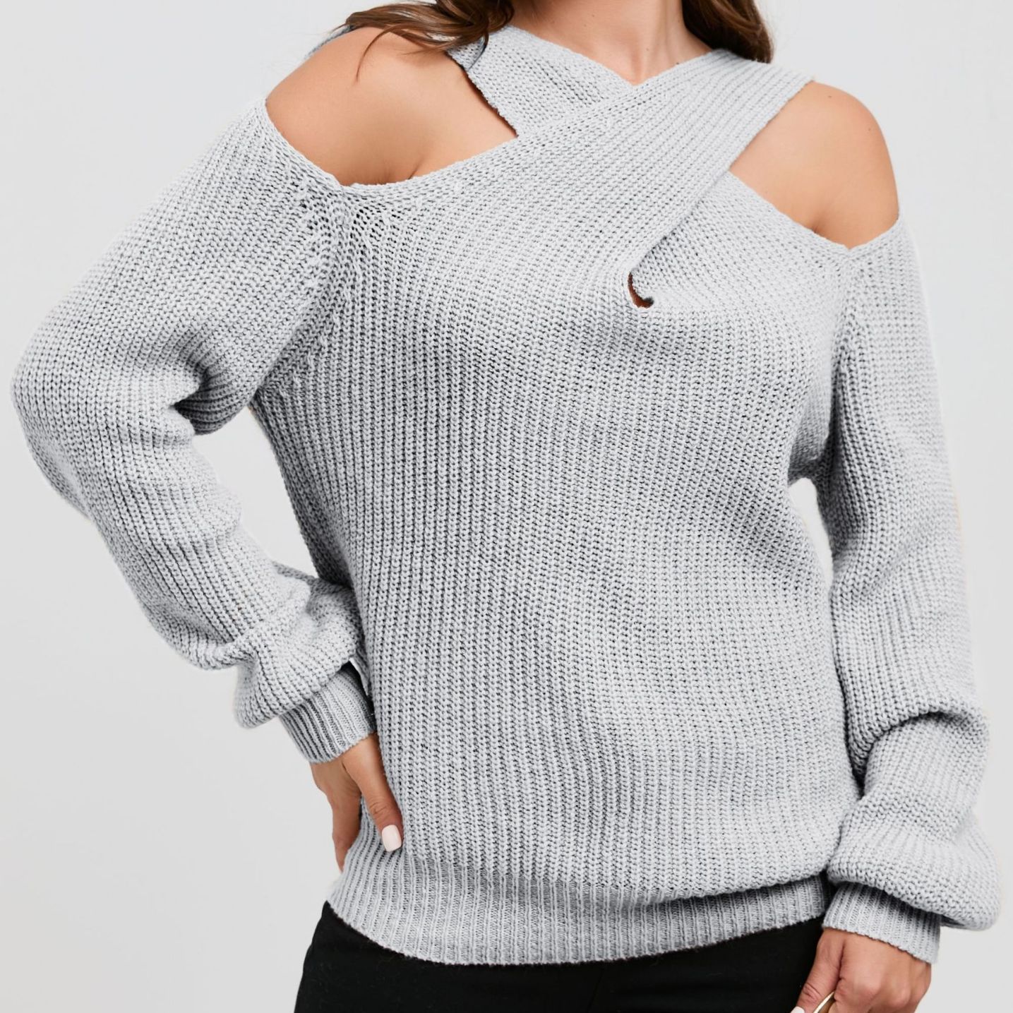 2023 nuevo Amazon primavera y otoño color sólido fuera del hombro Cruz Halter linterna manga suéter para mujeres