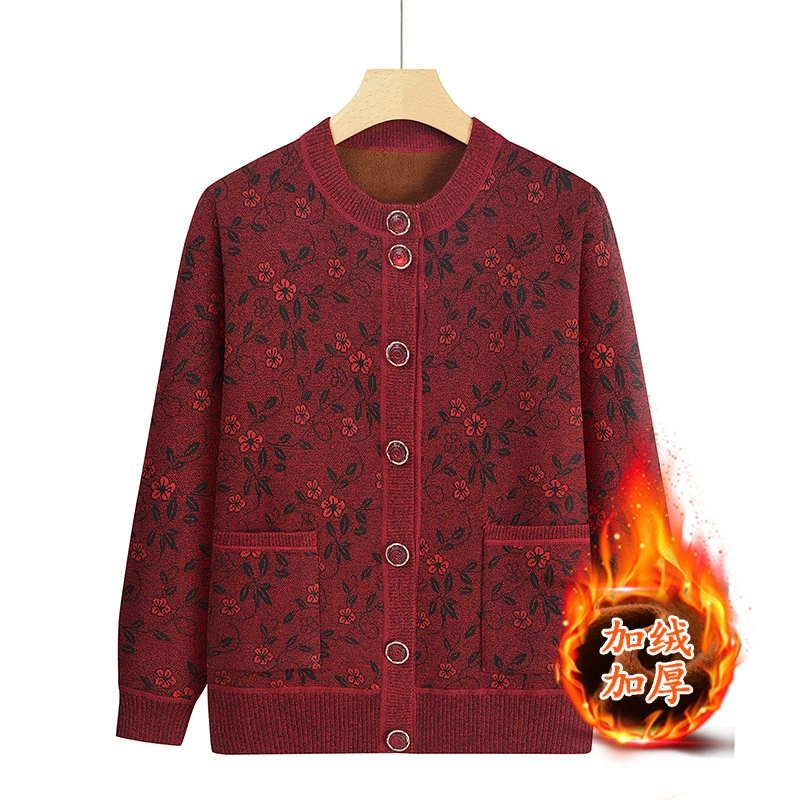 Теплое пальто с круглым вырезом и принтом для среднего и пожилого возраста, осенне-зимний свитер для бабушки, вязаный кардиган, повседневный топ на флисовой подкладке