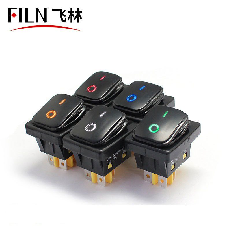 黑色喷漆大电流30A带灯紫铜银点翘板结构4脚2档防水船型开关220V