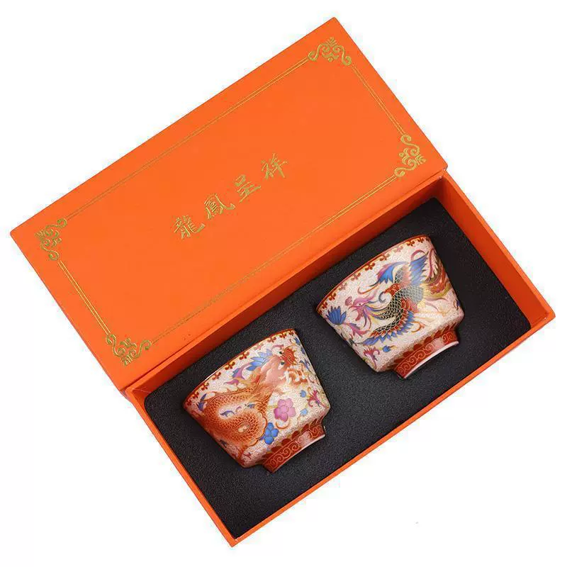 Retro enamel, tea cup, set, Chinese style, dragon and phoenix