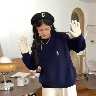 刺绣小熊毛衣女加厚秋冬季外穿跨境新款慵懒风宽松套头针织衫上衣|undefined