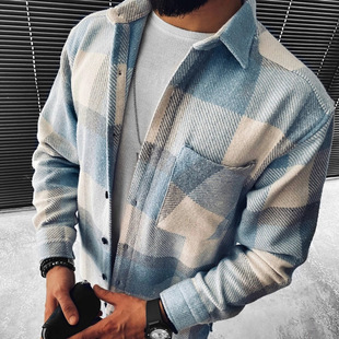 Cross-Border European and American New 2021 Spring & Fall New Long-Sleeved Blue and White Plaid Long-Sleeved Shirt Casual Stand-Up Collar Flap Pocket Pants Shirt for Men