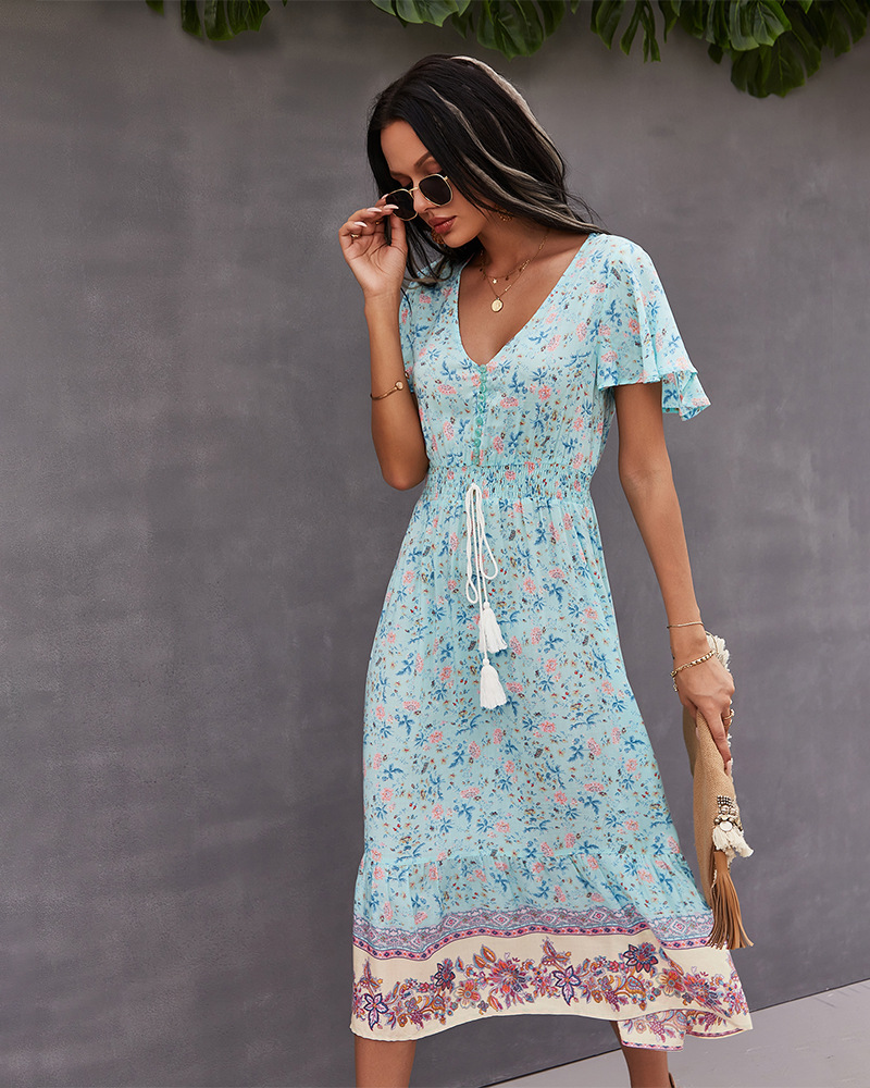 drawstring flower bohemian casual dress NSKA37622