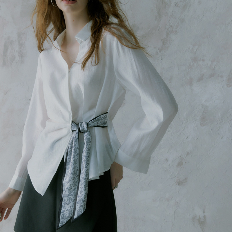 French Simple Work Clothing Lyocell Long-Sleeved Shirt for Women Autumn 2-Color Design Ribbon Waist Top N