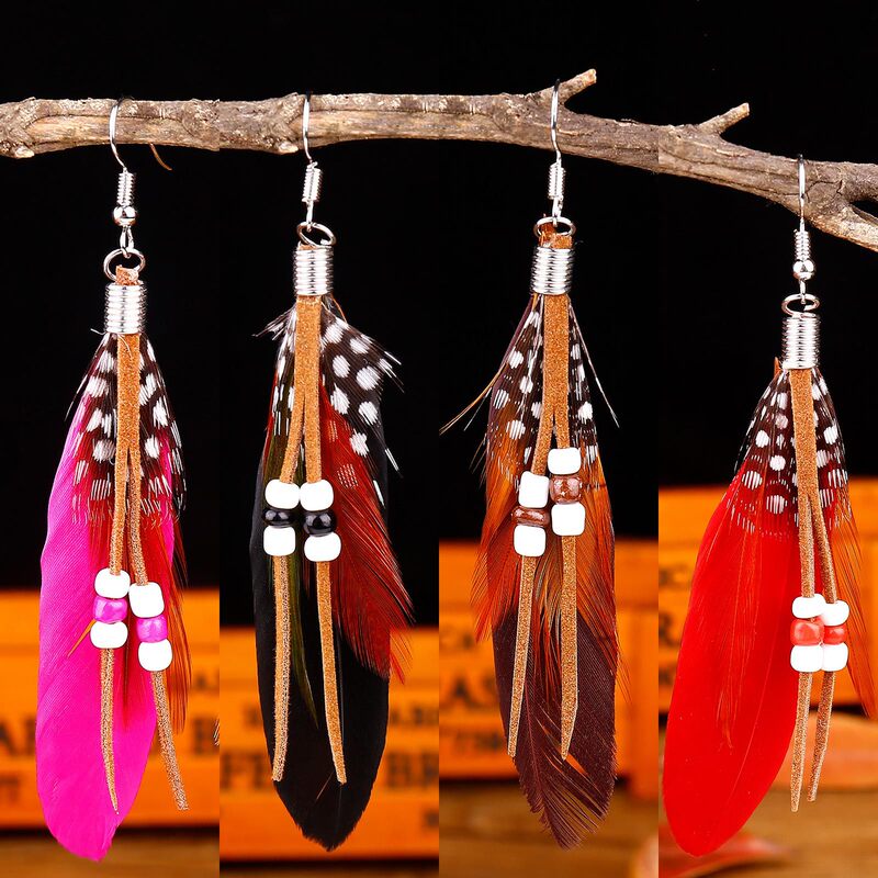 Cross-Border Popular Red Fashion Jewelry Women's Feather Earrings Women's Bohemian Style Beaded Tassel Feather Earrings Cross-Border Popular Red Fashion Jewelry Women's Feather Earrings Women's Bohemian Style Beaded Tassel Feather Earrings