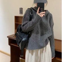 连帽麻花韩版慵懒风毛衣女现货秋冬新款休闲百搭宽松针织套头衫女
