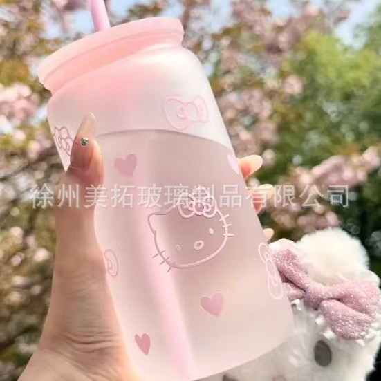跨境现货印花可乐杯蝴蝶印花水杯高硼硅玻璃杯粉色磨砂可乐杯批发|undefined