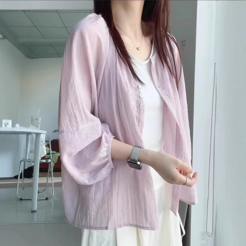 亜麻日焼け止めシャツジャケット レディース 薄手 夏新作 カーディガン風 ゆったり 長袖シャツ ショート丈トップス|undefined