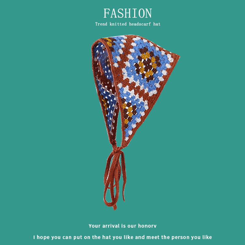 文藝復古三角包頭巾手工針織綁帶頭巾鈎花鏤空束髮帶繫繩方巾頭飾