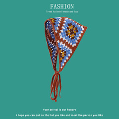 文藝復古三角包頭巾手工針織綁帶頭巾鈎花鏤空束髮帶繫繩方巾頭飾