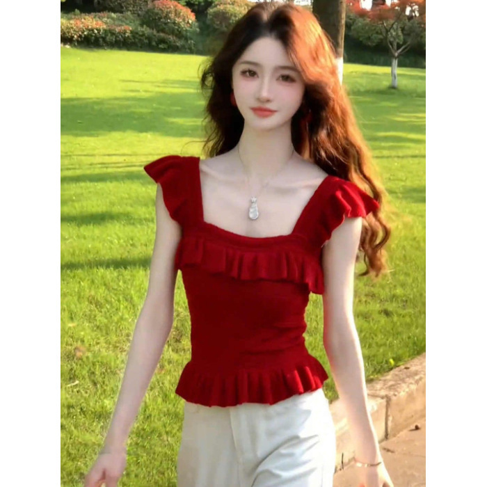 レッドフリルスクエアカラースモールフライングスリーブニットベスト女性の夏の美しいピンチウエスト痩身トップ女性の服|undefined