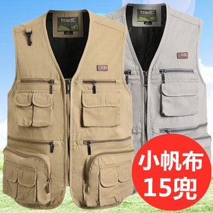 Small Canvas Spring and Autumn Vest Men's Loose Men's Vest Middle-aged and Elderly Pure Cotton Dad Hurdle Pure Cotton Multi-pocket Horse Clip New