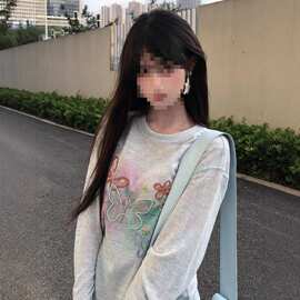 彩色手绘蝴蝶结刺绣长袖t恤女夏季薄款网纱宽松百搭防晒罩衫上衣