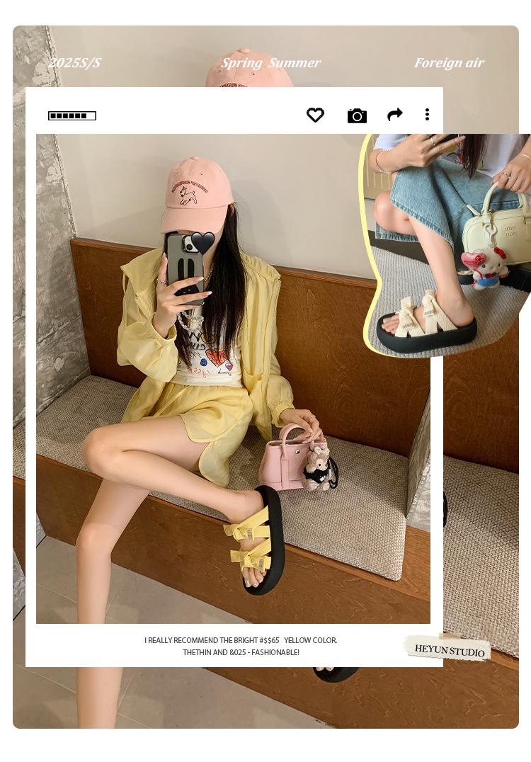 Dép sandal nữ quai chữ V đế dày nơ bướm phong cách bánh mì mềm mại — Màu trắng be, Màu vàng chi tiết 1