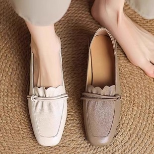 Soft-Soled Goatskin Retro Slip-On Loafers for Women That Are Not Tiring for Feet 2025 New French Square-Toe Genuine Leather Thick-Heeled Shoes
