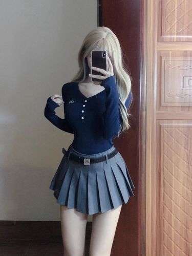 [260g rayon modal] Retro embroidered button long-sleeved T-shirt for women sweet hottie slim-fitting top American style