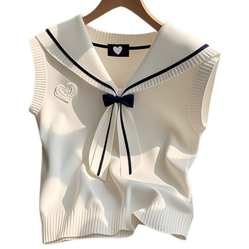 Cream White Navy Collar Bow Knot V Neck Cardigan for Women - Spring New Arrival Korean Style Knit Top