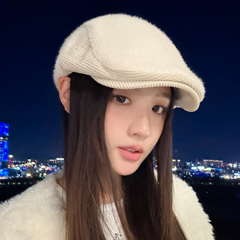 英伦风复古百搭前进帽秋冬季拼接加绒加厚鸭舌帽显脸小保暖报童帽|undefined