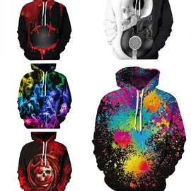 跨境外贸骷髅烟雾数码印花情侣连帽卫衣男秋冬宽松棒球服潮hoodie