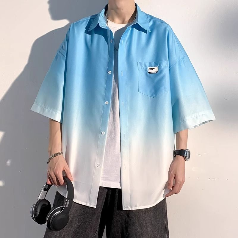 Wholesale In-Stock Summer Gradient Short-Sleeve Shirt for Men, Loose Casual Thin Men's Shirt, Trendy Tie-Dye Jacket for Men