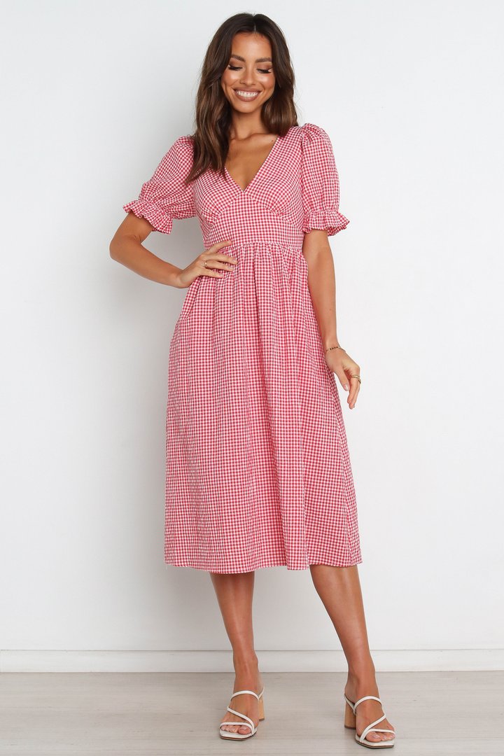 spring sexy red ruffled short-sleeved v-neck plaid dress  NSJRM117776