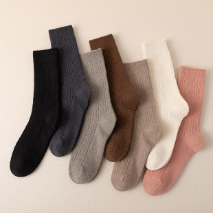 Wool socks women's autumn and winter brown series twist wool socks solid color retro mid-calf wool socks fleece-lined thick warm socks