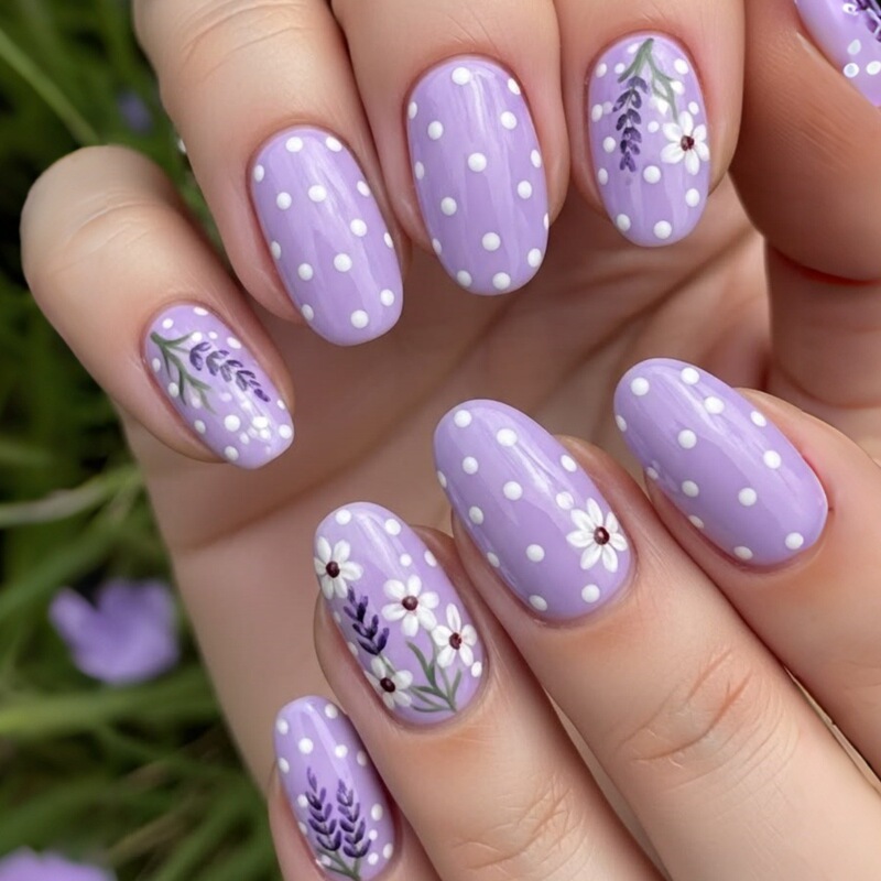Purple Polka Dot Lavender Press-On Nails, Short Oval 24-Piece European and American Fashion Fake Nails