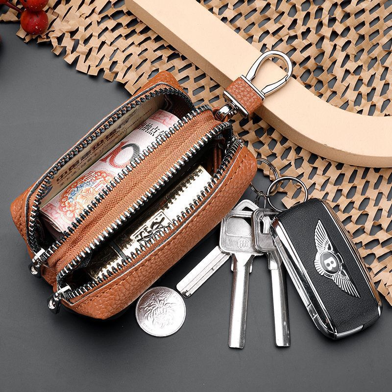 New Style Pebbled Large-Capacity Men's Leather Key Bag High-End Double Zipper Key Bag Storage Two-In-One Women's New Style Pebbled Large-Capacity Men's Leather Key Bag High-End Double Zipper Key Bag Storage Two-In-One Women's