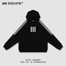 JMK EXDVATIE美式美式复古街头宽松连帽卫衣潮牌简约三条杠印花男
