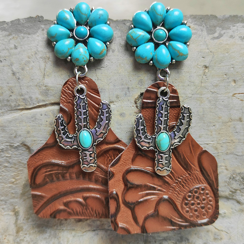 Drop Earrings Classification 1 Pair Quantity Retro Cactus Flower Pu Leather Alloy Inlay Turquoise Women's Drop Earrings 1 Pair