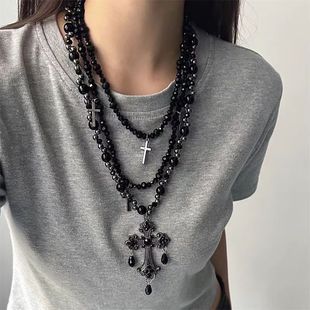 Sweet and cool black cross necklace heavy industry gothic punk multi-layer choker stack retro hanging versatile clavicle chain