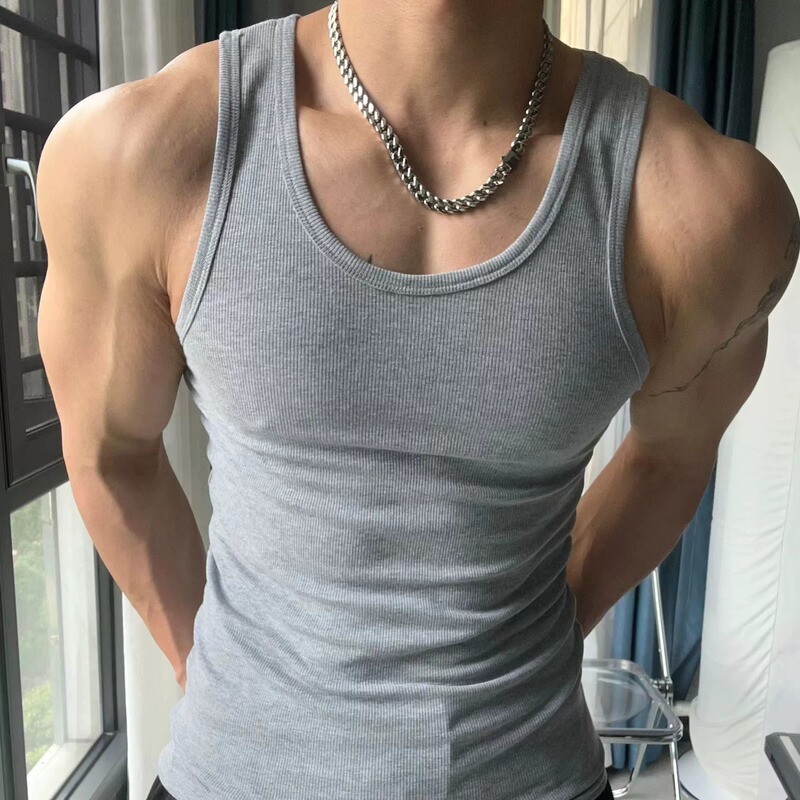 Round Neck Large Size Vest T-Shirt Tight Elastic Sports Fitness Niche Solid Color Casual Sleeveless Breathable Casual T-Shirt